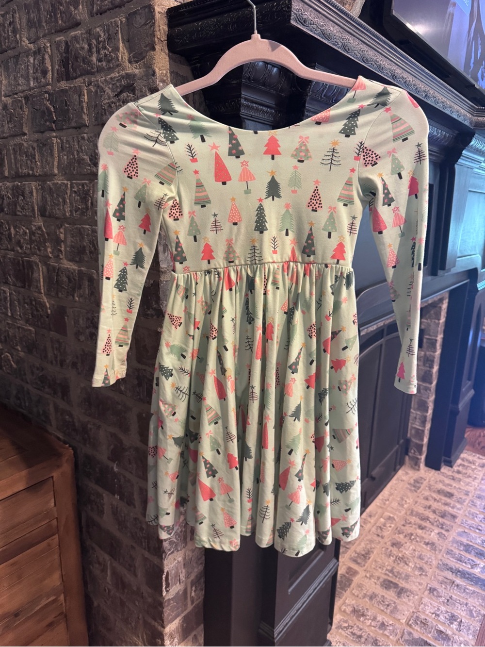 Girls' Mint Green Long Sleeve Christmas Tree-Print Twirl Dress